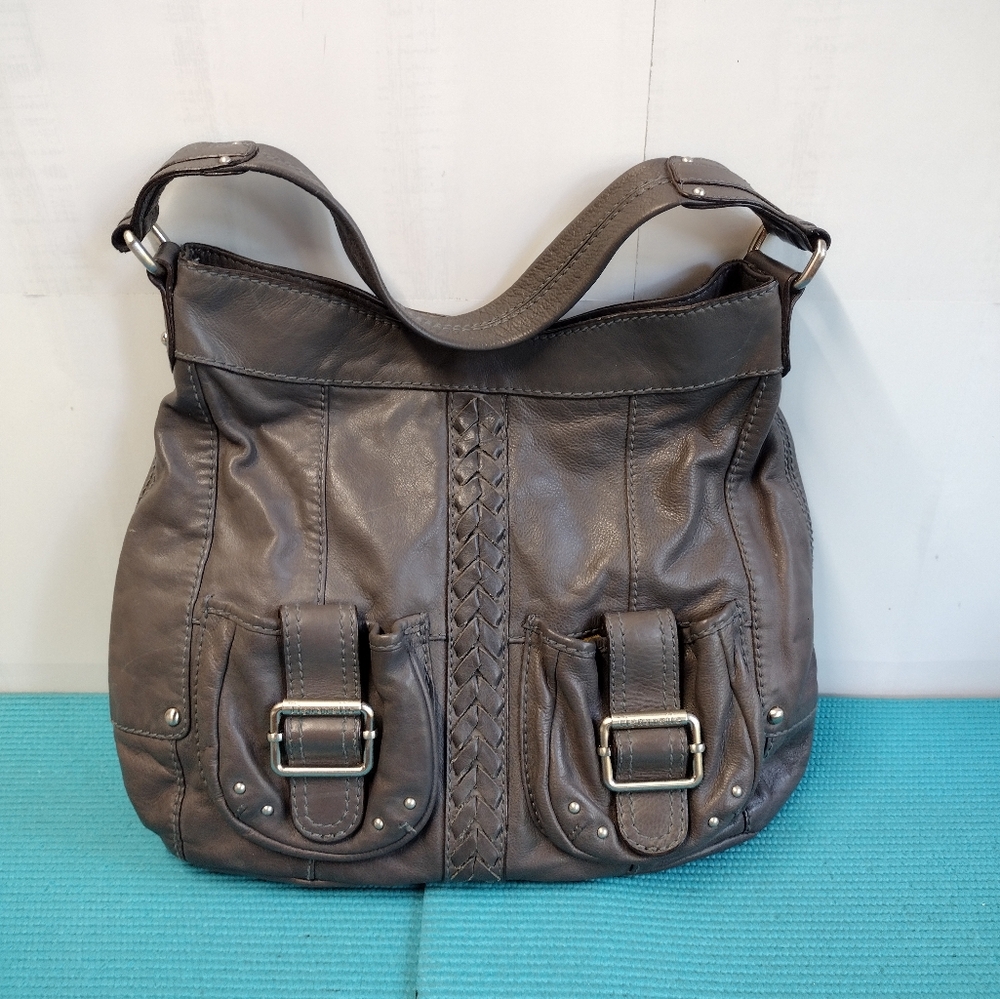 Tignanello Leather Hobo Shoulder Bag Gray - Large